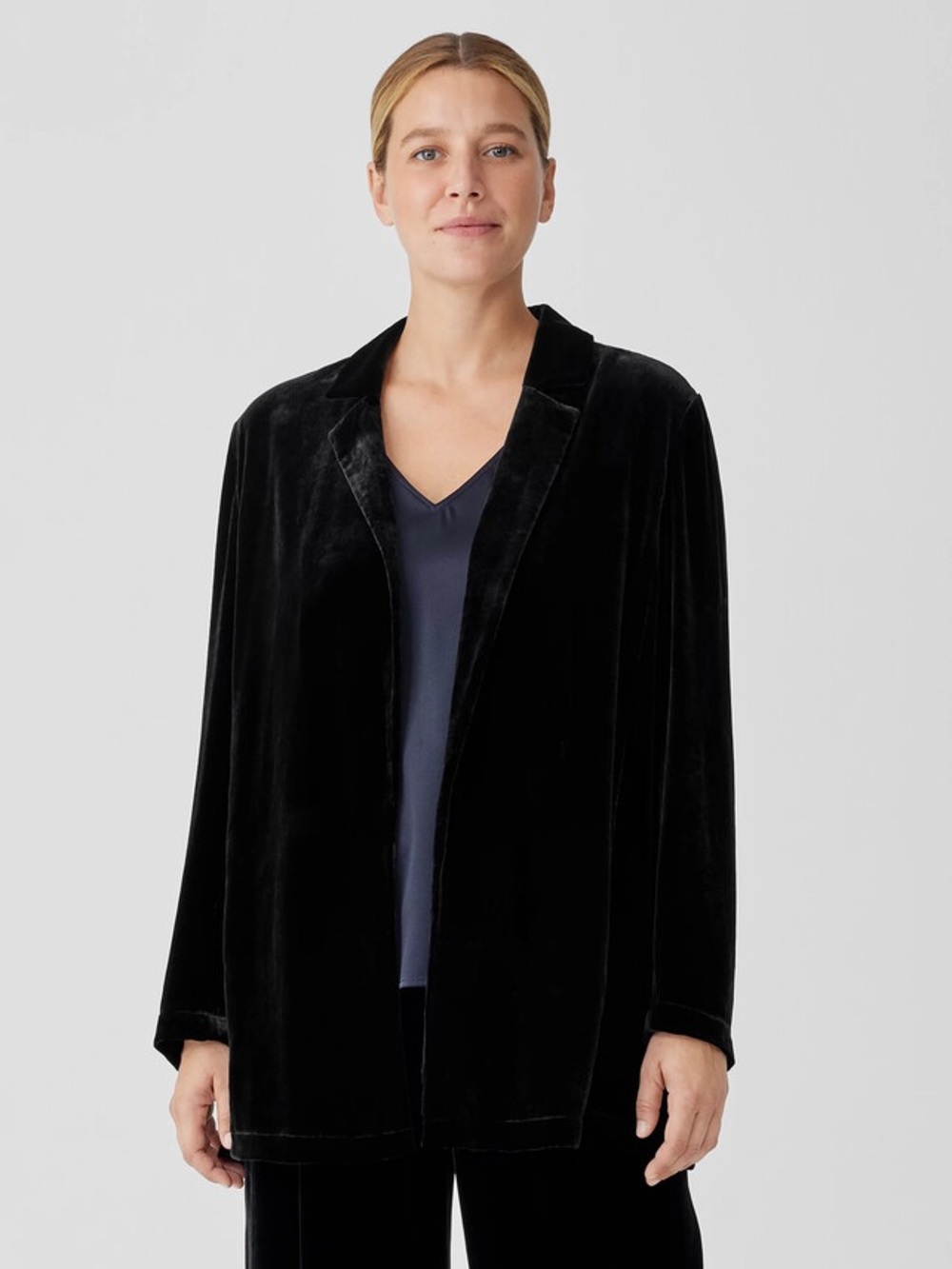 NWT Eileen Fisher Velvet Long Blazer Easy Fit Thigh Length Sz XXS
